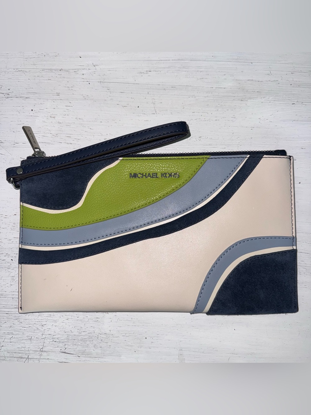 Michael Kors Jet Set Travel Large Patchwork Wristlet Green and Blue Suede Wave